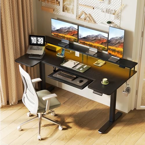 OffiGo 63 Inch U Shaped Electric Standing Desk with Keyboard Tray, Black - Image 2
