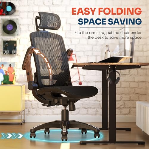 GABRYLLY Ergonomic Office Chair, High Back Home Desk Chair with 2D Flip-Up Arms, 3D Headrest, 90-120° Tilt and Wide Cushion, Big and Tall Mesh Chairs for Man Woman, Computer Task Chair Dark Wood Grain - Image 4