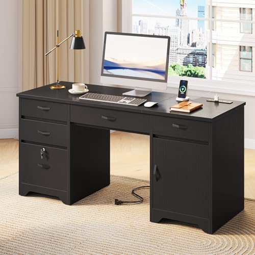 Bestier 59” Office Desk with Lockable Drawers & Charging Station, Black by Bestier