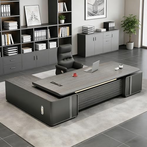 Modern L Shaped Executive Desk with Drawers & Storage, Executive Office Desk Computer Table with Aluminum Alloy Inlaid Curved Surface, Management Workstation for Home or Office(G-Right, L1.8M/71IN) by Unknown