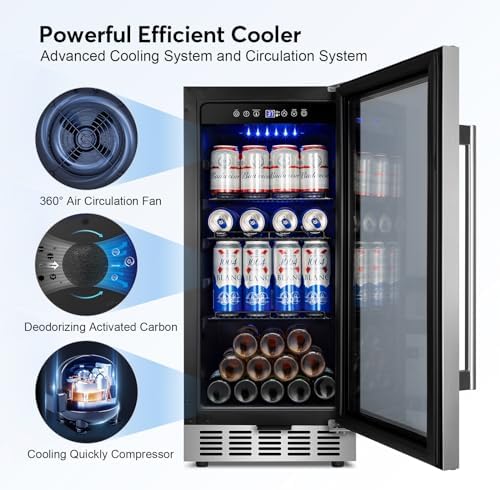 Beverage Refrigerator 15 Inch Wide, Upgrade Beverage Cooler With Glass Door,90 Can Beverage Fridge Capacity, Built-In Or Freestanding, Temperature Memory, Reversible Door, Perfect For Soda, Beer - Image 2