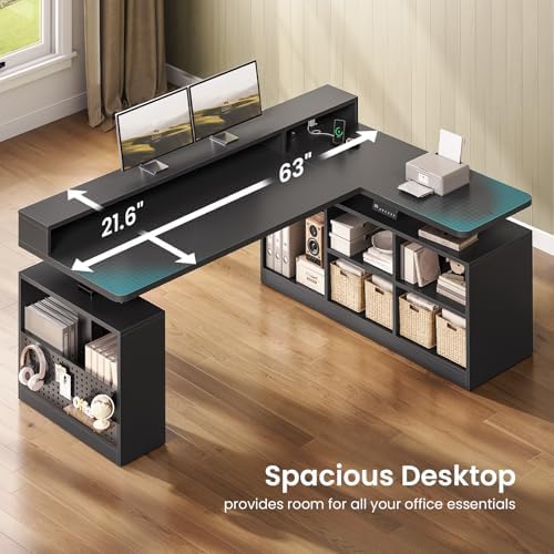 SEDETA L Shaped Gaming Standing Desk, 63 inch Height Adjustable Office Executive Desk with Storage Shelves and Monitor Stand, Computer Gaming Desk with Power Outlet, LED Lights for Home Office, Black - Image 6