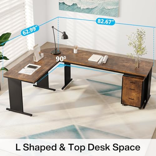 Tribesigns 83" L-Shaped Executive Desk, Large Office Desk with Drawers, Industrial Corner Computer Table with Rolling File Cabinet, Business Workstation for Home Office (Brown, 83 Inches) - Image 5
