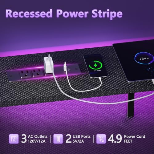 Korfile 55 Inch Gaming Desk with Power Outlets and LED Lights, Reversible Computer Desk with 5 Fabric Storage Drawers, Home Office Desk with Monitor Stand for Working Writing Study, Carbon Fiber Black - Image 5
