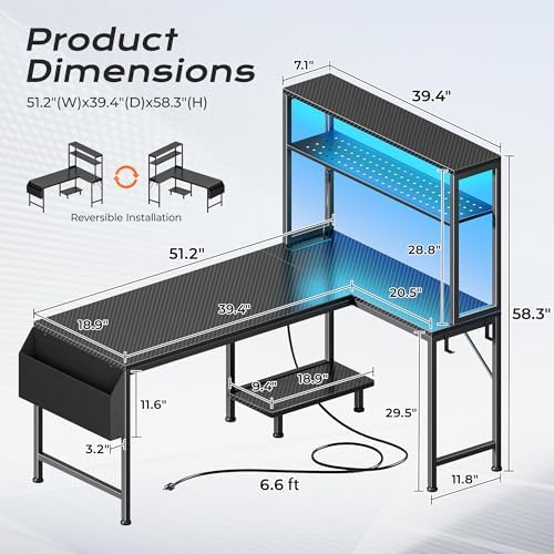 PRAISUN L Shaped Gaming Desk with LED Lights & Power Outlets - Image 2