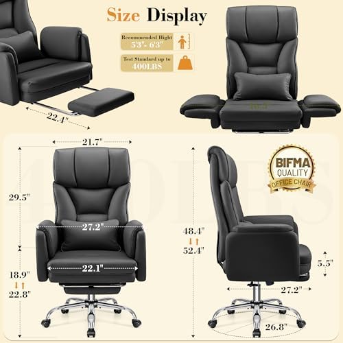 FelixKing Big and Tall Office Chair, 400LBS Wide Leather Executive Chair, Reversible Armrest for Pets Criss Cross Legged, 135° Reclining High Back Gaming Desk Chair with Lumbar Support Footrest, Black - Image 2