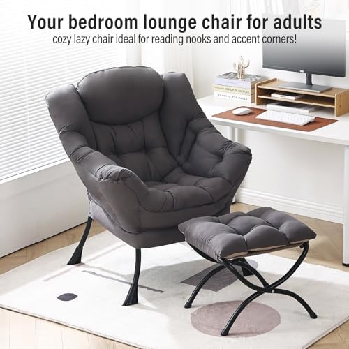 Furlide Lazy Chair with Ottoman, Modern Chair with Folding Footrest, Dark Grey Accent Chair, Comfortable Reading Chair, Oversized Armchairs for Bedroom, Study, Living Room, Courtyard - Image 3