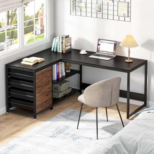 Tribesigns L Shaped Computer Desk with Storage Drawers, 59 inch Corner Desk with Shelves, Reversible L-Shaped Office Desk Study Writing Table Workstation for Home Office, Black - Image 5