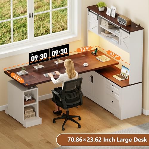 71" LED L Shaped Standing Desk with Hutch and Drawers White - Image 4