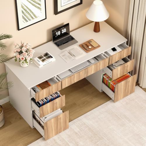 White Desk with Drawers, 58 Inch Executive Desk with File Cabinet - Image 3