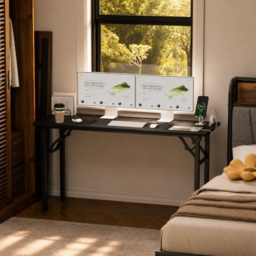 Folding Table Computer Desk - 55.1" No Assembly Folding Desk with Power Outlets & USB Charging Port, Small Desk, Foldable Office Desk, Compact Storage Portable Use for Small Space, Dark Oak - Image 2