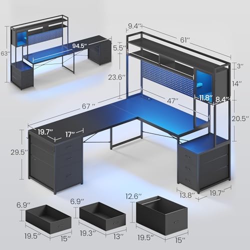 SEDETA Reversible L Shaped Gaming Desk with 6 Drawers, Hutch, Led Lights - Image 2