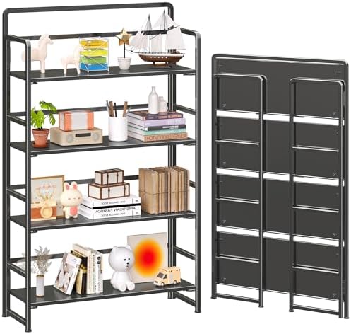 4NM No Assembly Extra Wide 4 Tier Folding Bookshelf Storage Shelves Vintage Bookcase Standing Racks Study Organizer Home Office by 4NM