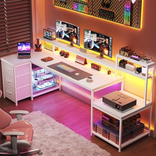 EnHomee71 White L Shaped Desk with Drawers,Printer Shelf for Home Office - Image 2