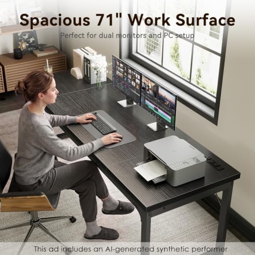 Coleshome 71 Inch Long Computer Desk with Power Outlet, Thicker Desktop & Legs, Large Heavy Duty Office Desk for Home Office & Gaming, Black - Image 6