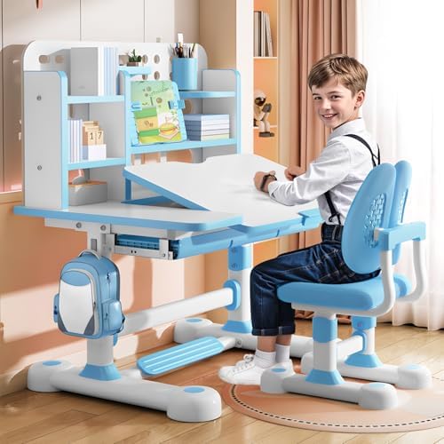 Kids Study Desk and Chair Set, Height Adjustable Children’s Table with Bookshelf & Drawer, 50‑Degree Tiltable Desktop, Ergonomic Chair for Bedroom Blue by PLAYNEEW