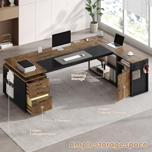 78" Executive Desk with Lockable File Cabinet, L Shaped Office Desk with Power Outlets, Large Executive Desk with Drawers and Storage Shelves, Reversible Computer Desk, Rustic Brown - Image 5