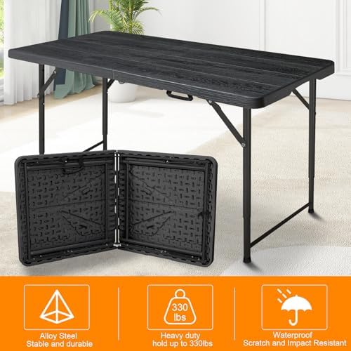 4ft Folding Table, Portable Fold-in-Half Adjustable Height Utility Table for Indoor/Outdoor Use, Durable HDPE & Steel, Stable & Lightweight, Multi-Purpose, Black Woodgrain - Image 6