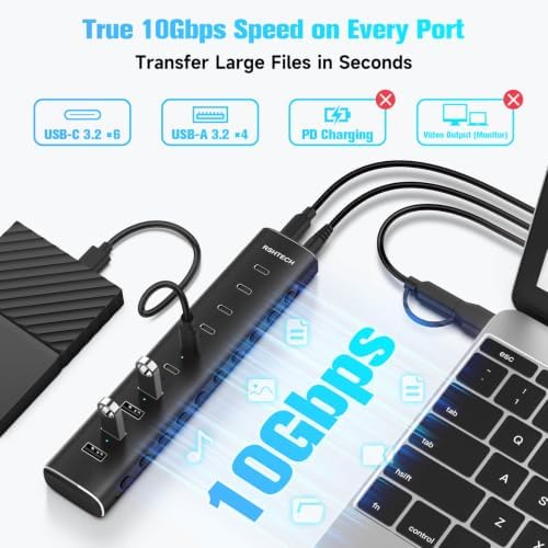 RSHTECH 10-Port Powered USB C 3.2 Hub 60W with 10Gbps USB 3.2 Ports(6C+4A) - Image 3