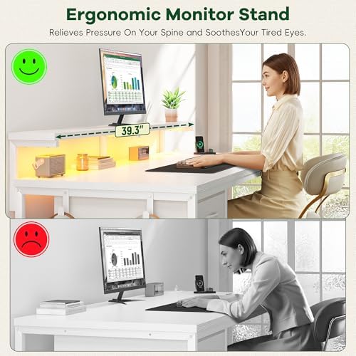 DurayLoly 39.3" Computer Desk with Power Outlet & Fabric Drawer,White - Image 5