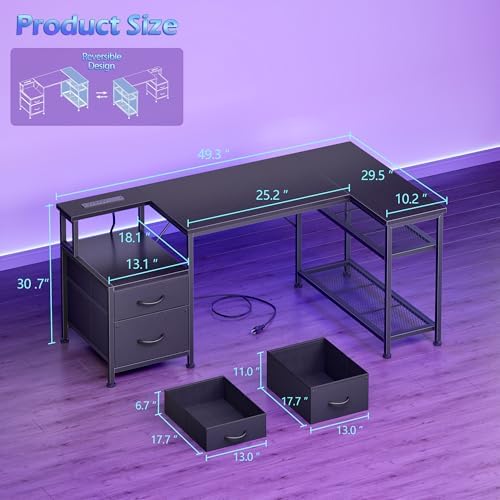 Korfile 49 Inch L Shaped Gaming Desk with Power Outlets, Black - Image 3