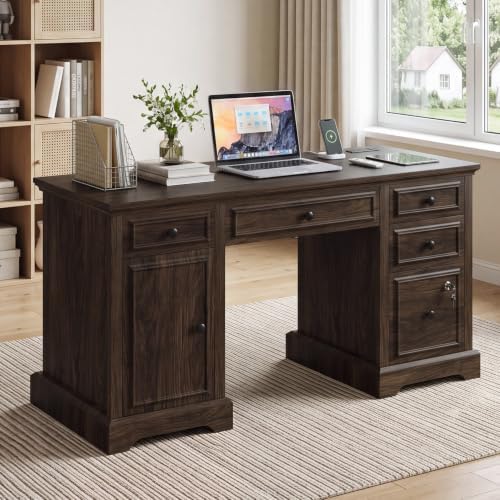 Vipbear 59" Farmhouse Executive Desk with Drawers, Wood Home Office Computer Desk, Featuring Lockable File Drawer, Storage Cabinet & Power Outlet Storage Cabinet for Work Study Writing (Walnut Brown) by VipbearLiving