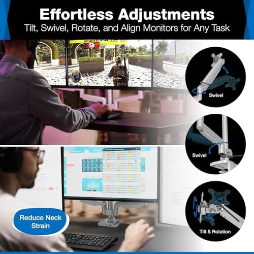 Mount-It! Triple Monitor Mount with Gas Spring Arms, Fits 24–32 Inch Screens, USB & Audio Ports, Full Motion Desk Stand with Tilt, Swivel & Rotation, Heavy Duty Silver 3 Screen Arm with Clamp - Image 6