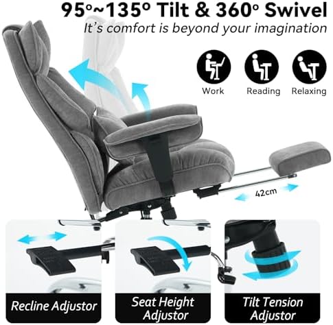 Efomao Big and Tall Fabric Executive Office Chair,Grey - Image 4