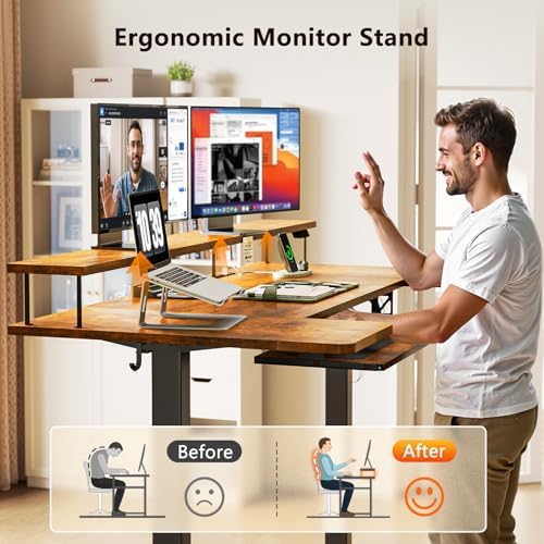 OffiGo 55 Inch U Shaped Standing Desk with Keyboard Tray, Rustic Brown - Image 6