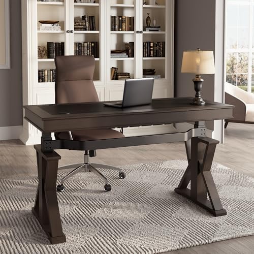 EUREKA ERGONOMIC Leather Standing Desk, 60 inch Executive Desk with Drawers,Modern Oak Grain X-Shaped Leg Sit Stand Desk, Charge Power Outlet Luxury Home Office Computer Desk - Image 4