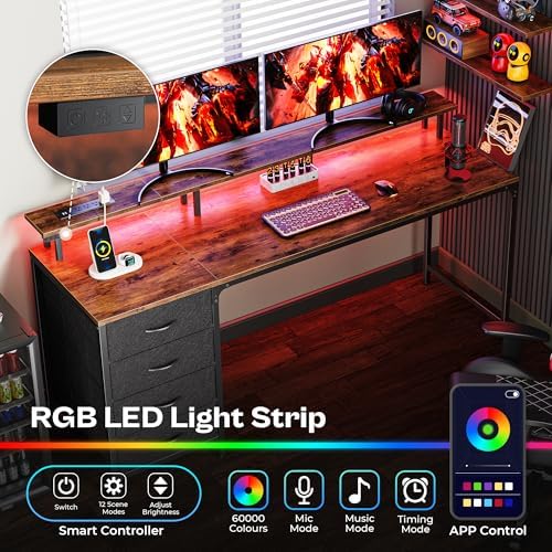 Huuger 63 Inch Rustic Brown Gaming & Office Computer Desk with 4 Drawers, Monitor Stand, LED Lights & Power Outlets - Image 3