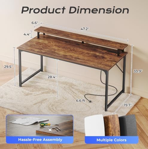PRAISUN 48 inch Gaming Desk, LED & Outlets, Monitor Stand, Rustic Brown - Image 3