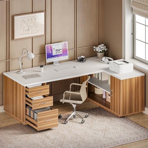LITTLE TREE 87-Inch Modern Executive Desk with File Cabinet, Large Home Office Desk with Drawers, 3-Drawer Wooden File Cabinet, Spacious Workstation for Home Office (White & Brown) - Image 4