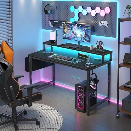 Lufeiya Small Desk with Power Outlets and LED Lights, 32 Inch Teen Writing Study Table Home Office Computer Desks with Monitor Stand, Gaming Desk with Charging Station, Black - Image 2