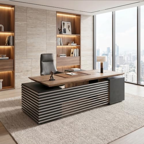 SAINTCY 86.61In L Shaped Executive Standing Desk with Drawers, Large Modern Adjustable Heigh Home Office Desk w/Universal Charging Ports, Business Workstation, Black and Warm Oak - Image 4