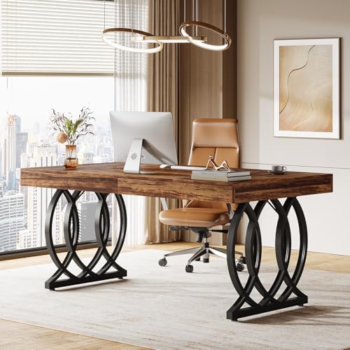 Tribesigns 63-Inch Executive Desk, Modern Office Computer Desk with Stylish Gold Legs, Rectangular Workstation for Home Office, Small Conference Table for Meeting Room (Brown & Black) - Image 5