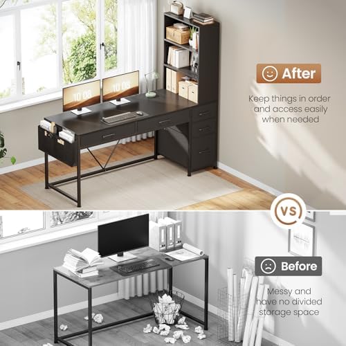SEDETA Computer Gaming Desk with 5 Drawers and Bookshelf, Reversible Home Office Desk with Storage Shelves and File Drawer, Corner Desk with LED Lights for Small Spaces, Black - Image 3