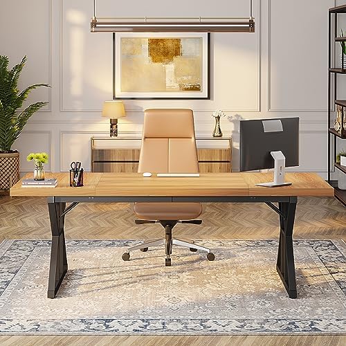 Tribesigns 70.8-Inch Executive Desk, Large Computer Office Desk Workstation, Modern Simple Style Laptop Desk Study Writing Table Business Furniture for Home Office (Light Walnut/Black, 70.8 Inch) - Image 4