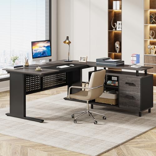 Tribesigns 63 Inch Executive Desk with File Cabinet, L Shaped Office Desk with Drawers and Storage Shelves, Business Furniture Set Workstation for Home Office, Gray and Black - Image 3