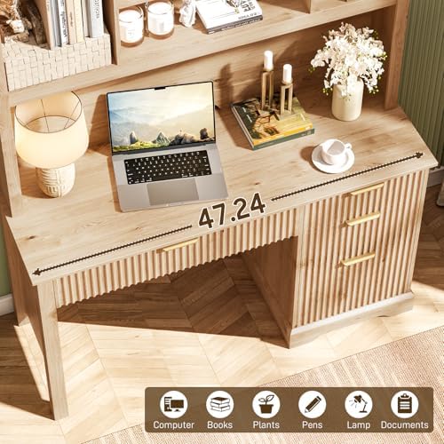 Vabches Fluted Executive Desk with Drawers, Wood Computer Desk with Ample File Drawer, Home Office Desk with Hutch for Study, Bedroom, Living Room, Oak - Image 6