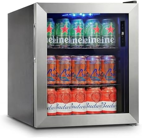 FoMup Mini Fridge 50 Can, Small Beverage Refrigerator with Reversible Glass Door, Countertop Drink Cooler with Temperature Control, Compact Beer Soda Fridge for Office Dorm Kitchen, Stainless Steel by FoMup