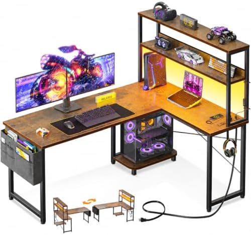 ODK 53" L Shaped Gaming Desk with Shelves, LED & Outlets, Vintage by ODK