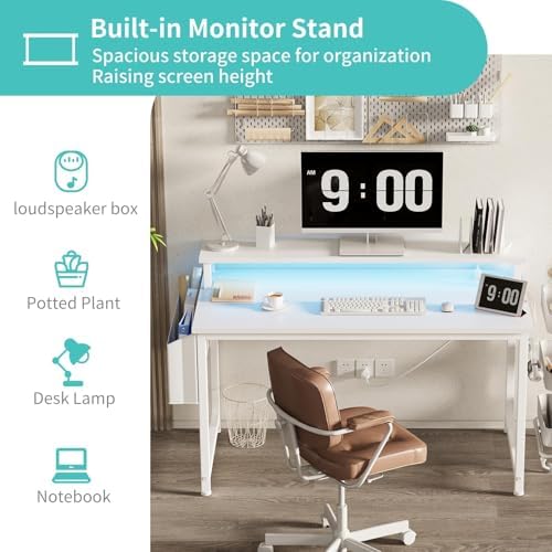 Lufeiya White Computer Desk with LED Lights and Power Outlets, 40 Inch Home Office Desks with Monitor Stand, Teen Writing Study Table Gaming Desk with Charging Station, White - Image 5