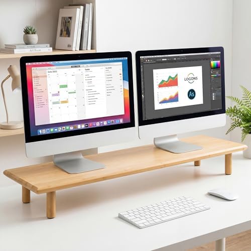 Bamboo Dual Monitor Stand Riser, Natural Desk Shelf with Storage - Image 5