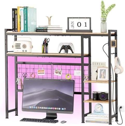 Desk Shelf for Top of Desk, 41.3" Desktop Organizer Shelf with Grid Panel & LED Lights, Desk Hutch for Computer Monitor, Wood Desktop Bookshelf for Home Office Dorm, with Power Outlets by Unknown