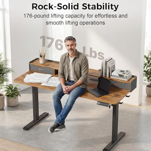 Electric Standing Desk with Drawers, 63 Inch Height Adjustable Desk with Power Outlets & LED Lights, Sit Stand Table with Monitor Stand for Home, Office, Brown - Image 6