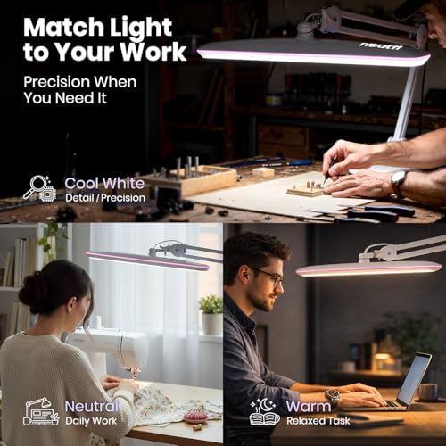 Neatfi XL 2,200 Lumens 24W LED Desk Lamp – 23” Wide Shade | Dimmable Eye-Caring Task Light | Adjustable Arm | Home Office, Study, Crafts & Nail Tech (White with Pink Ring, Non-CCT with Clamp) - Image 3