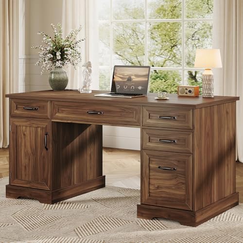 OffiGo Farmhouse 59 Inch Executive Desk with Drawers, Walnut by OfficeGo-ForHomeOfficeWork
