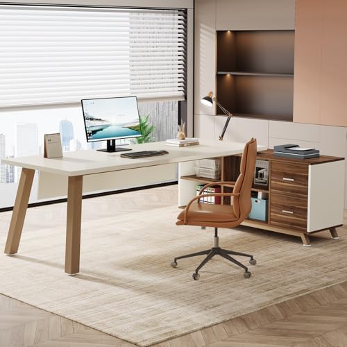 Tribesigns 78.7-Inch Executive Desk, L-Shaped Desk with 55-Inch Cabinet, Large Office Desk with Storage Shelves, Modern Computer Desk for Home Office, White & Walnut - Image 3