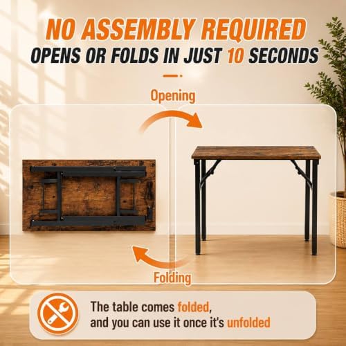 Folding Table Computer Desk - 43.3" No Assembly Folding Desk with Power Outlets & USB Charging Port, Small Desk, Foldable Office Desk, Compact Storage Portable Use for Small Space, Rustic Brown - Image 4